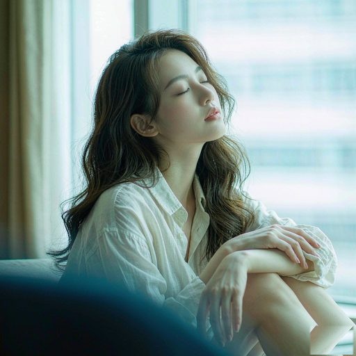 情绪压力套餐：女性窗边深呼吸放松